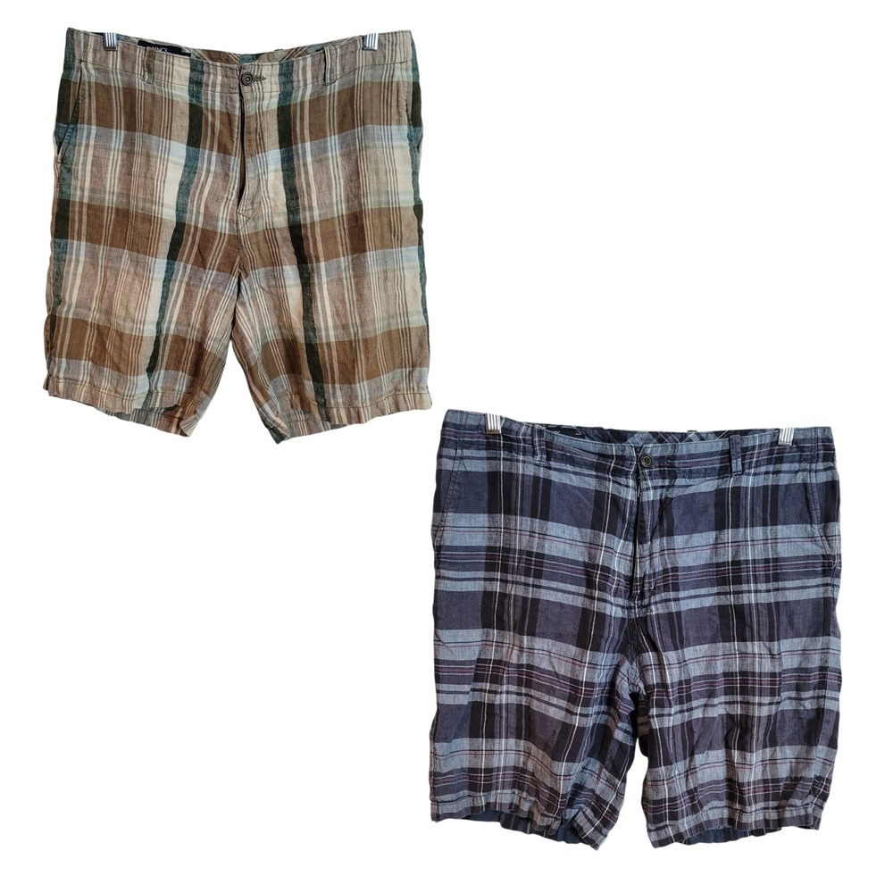 Lincs David Chu 2 Pairs Mens Size 36 Plaid 100% Linen‎ Flat Front Shorts Preppy
